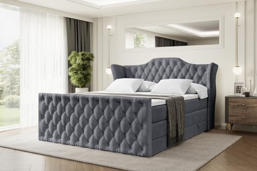 ALTDECOR Boxspringbett mit Matratze und Lattenrost, Topper, Fußteil,Polsterbett mit Bettkasten, Bett mit Stauraum H3- und H4- Matratze, Doppelbett - Vila-Z King - 200x200 - Dunkelgrau Samt