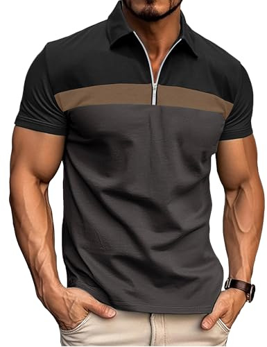 Ryehack Polo Homme Manches Courtes à Col Zippé, Raglan en Coton Tee Shirt pour Golf et Rugby S-3XL