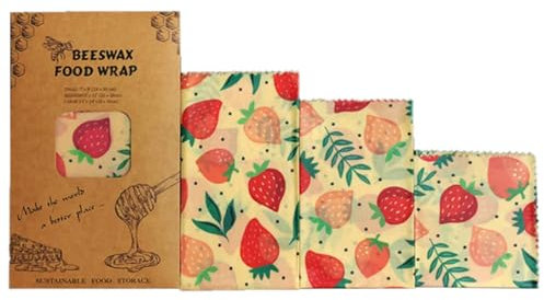 Beeswax Wraps | Eco Friendly Sustainable Reusable Food Wraps | Biodegradable Zero Waste Plastic Free Food Storage | Bowl Covers | Organic Bees Wax Cheese Bread Sandwich Wrappers (Strawberry)