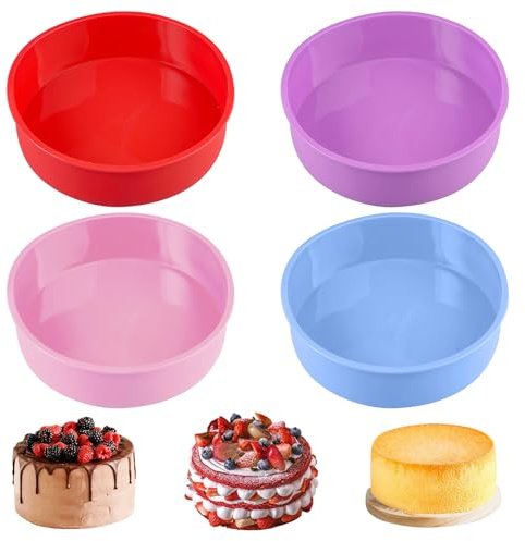 4 Pièces Moule Gateau Silicone Rond de 20cm, 8 Pouces Moule a Gateau Rond Moules à Gâteau en Silicone pour Gâteaux à Couches, Gâteaux aux Fruits, Pains, Lasagnes et Plus Encore