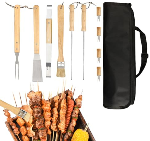Grillverktygsset, 10 st grillverktyg med trähandtag, bärbara grillverktyg i rostfritt stål med spatel och tång och bakningssatser för födelsedagsresor och trädgårdar