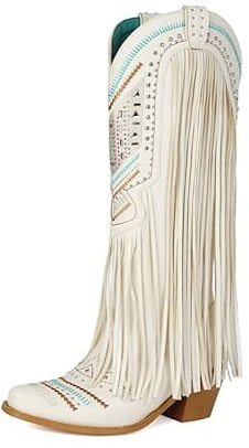 Veelau Meieer Botas de vaquero para mujer, estilo occidental, con flecos y remaches bordados, tacón de bloque retro, aspecto occidental, beige, 36 EU