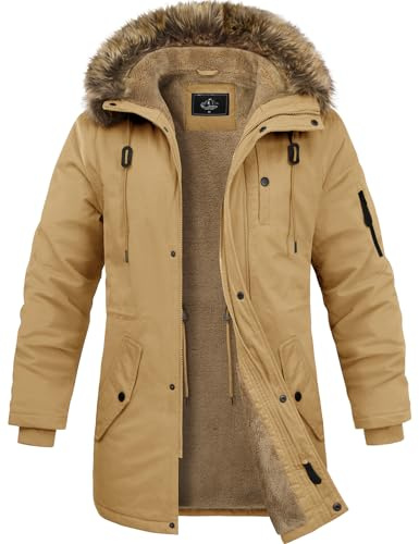 Lonya Abrigo Hombre Invierno Chaquetas de Algodón Forro Polar Cálido Parka Gruesa Cuello De Piel Desmontable Exteriores Prueba de Viento Cazadora con Capucha Integrada Bolsillos Múltiples, Caqui, XL