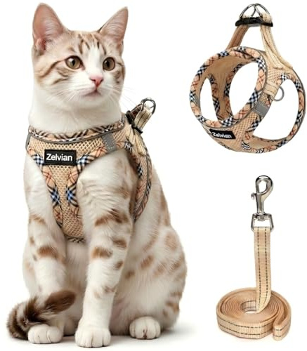 Zelvian Cat Harness and Leash Set for Walking, Escape Proof Adjustable Soft Mesh Kitten Harness with Reflective Strips, Breathable No-Choke Pet Vest for Small Cats or Puppies(Beige,XXS)