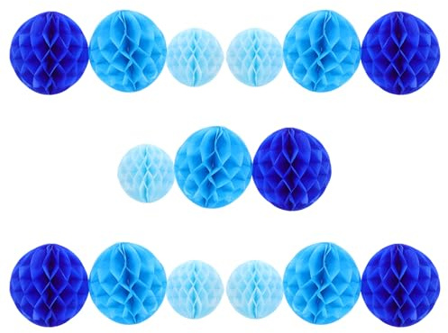 HOODANCOS Kit de 15 Pompons Pompons en Papier de Soie Alvéolés Boules Décoratives 15Cm et 20Cm Couleurs Bleu Clair Bleu Ciel Décoration Murale pour Fêtes Prénatales Anniversaires et