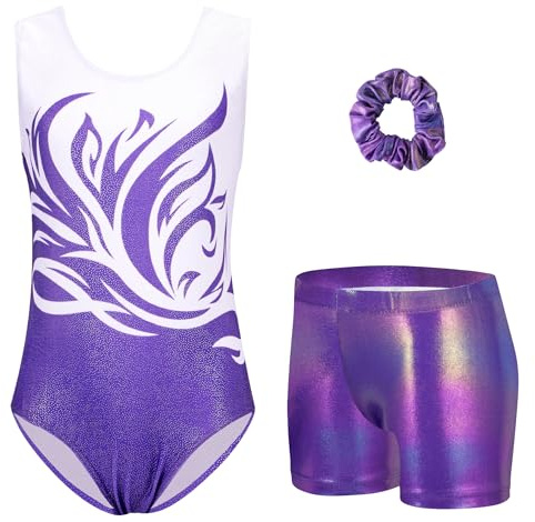 Arshiner Justaucorps de Gymnastique Fille Ensemble de Gymnastique Trois Pièces pour Enfants Justaucorps Sans Manches avec Shorts et Bandeau Tenue Leotards avec Design de Imprimé 3-10 Ans