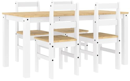 Augerlite 5-TLG. Matgrupp Panama vit av massiv furu med honungsvaxfinish, 160 x 80 x 75 cm, 4 stolar, stabil matsalsgrupp för små rum, lätt att rengöra och robust