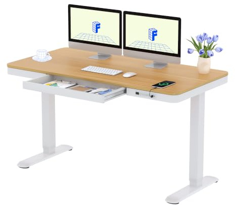 FLEXISPOT Q3 Standing Desk, Home Office Electric Height Adjustable Sit-Stand Desk with Drawer & Fast USB Charger (Maple, 140 x 70 cm)