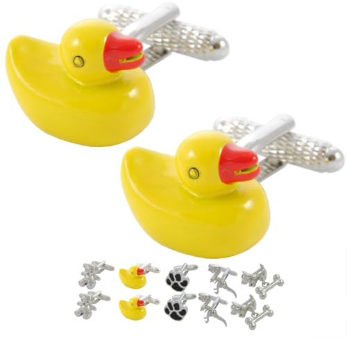 COLLAR AND CUFFS LONDON Gemelli Camicia Uomo Divertenti - con Scatola - Ottone - Anatra - Colori Giallo e Rosso - Bagno Fiume Giocattolo Uccello Animale - Un Paio