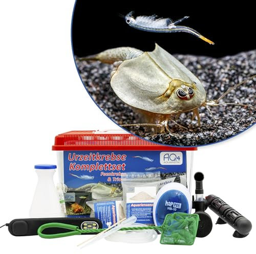 AQ4Aquaristik Triops und Feenkrebse Komplettset 6 L Premium Urzeitkrebse :Aquarium mit LED-Beleuchtung, Luftpumpe, Filter, Kescher, Heizung, Zubehör, Zuchtansatz mit vielen Eier, Futter und Anleitung