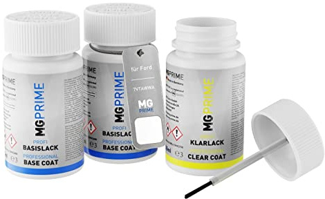MG PRIME Billack Backstift set för Ford 7VTAWWA / PN3GZ0 Frozen White Solid/Frost Weiss basecoat klarlack 50ml vardera