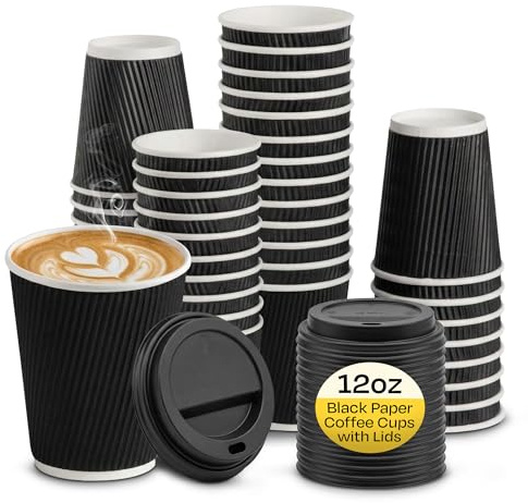We Can Source It Ltd - 100 x 12oz Black Ripple Paper Cups with Lids - Disposable Takeaway Hot Beverage Cups for Coffee, Tea, Cappuccino - Leak Proof Insulated Serving Cups for Cafe, Restaurant & Event