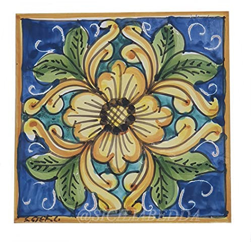 Sicilia Bedda - PIASTRELLA IN CERAMICA SICILIANA - Realizzata e Dipinta a Mano - 15 x 15 x 0.8 CM (Fiore su Maioliche Blu)
