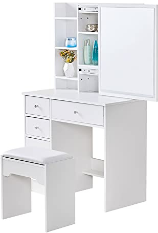 LEMROE - Tavolo da toilette con specchio e sgabello, tavolo per il trucco, tavolo da toilette per signore, piano in MDF, 80 cm di larghezza, bianco