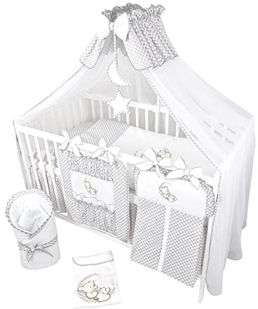 Bello24 - 16 Teiliges Babybett Kinderbett und Bettwäsche komplett Set Happy Leo inkl. Matratze höhenverstellbar für Neugeborene Babys und Kleinkinder aus Massivholz (Grau - Teddybär Mond)