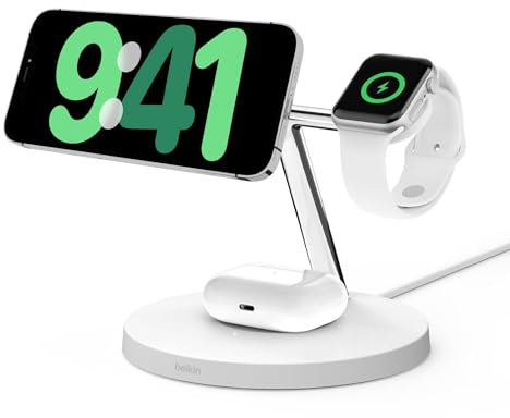 Belkin BoostCharge Pro 3-in-1 Wireless Charger with Qi2 for iPhone 17, Air, 16, 15, 14, 13, 12 + Apple Watch + AirPods + Pixelsnap, 15W MagSafe Compatible Charging Station - White