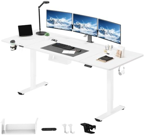 SANODESK 200 x 80 cm Escritorio Elevable Eléctrico con Tablero y Accesorios Completos como Soporte para Bebidas, Ganchos, Organizador y Caja de Cables (Blanco)