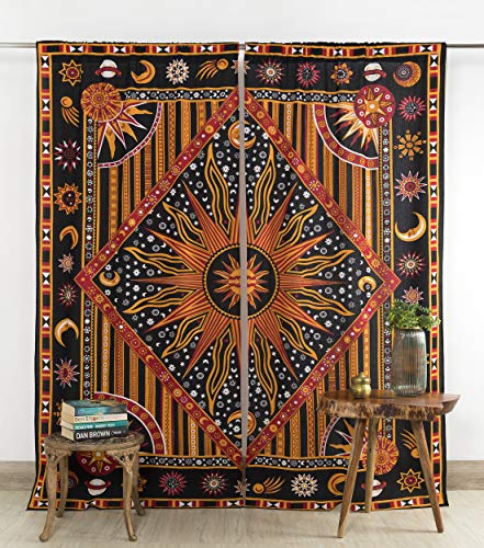 Popular Handicrafts Indian Burning Sun Hippie Mandala Window Curtains - Gypsy Bohemian Sun Moon Beautiful Drapery Bedroom Living Room Balcony Valance Panels Gloden Black