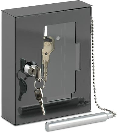 Relaxdays Cassette con Chiavi di Emergenza con Martelletto Rompivetro, Chiudibile, HLP 15x12x5 cm, Vetro e Ferro, Grigio