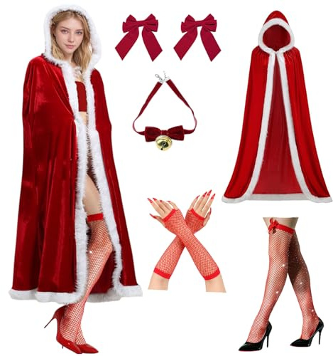 HarnyLoom Capa de Navidad Mujer con Capucha, 150 cm Disfraz Mamá Noel Blanco y Rojo Adulto Papá Noel Abrigo de Terciopelo Navidad Fiesta de Cosplay