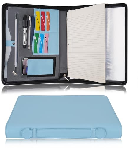 Wonderpool Travel Zippered Portfolio 3 Ring Binder A4 Padfolio Document Case with Removable Clipboard Legal Pad Holder, Business Office School Organizer for Men and Women (Light Blue)
