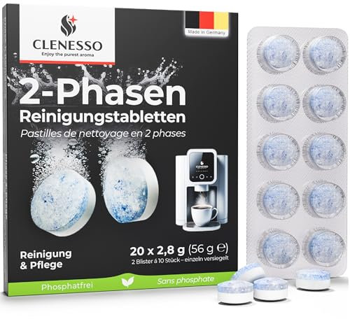 CLENESSO 2-Phasen Reinigungstabletten Kaffeevollautomaten (20 Stück) – Kaffeevollautomat Reinigungstabletten kompatibel mit Jura, Siemens, Melitta, uvm. – für optimale Reinigung & Pflege