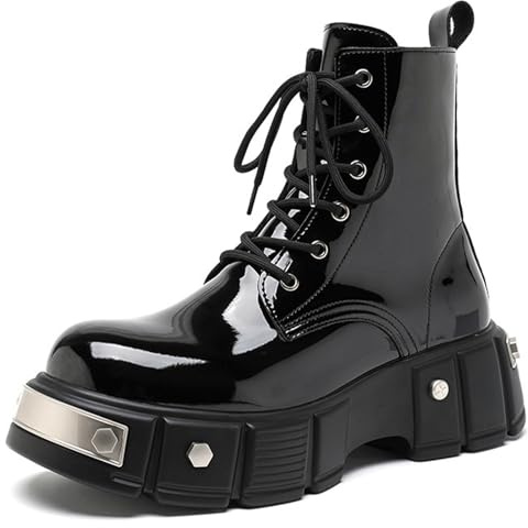 TZNBGGE Men's Lace Up Platform Motorcycle Boots Patent Leather Ankle Boots with Side Zipper Comfort Metal Round Toe Punk Outdoor Combat Boots (black,11)