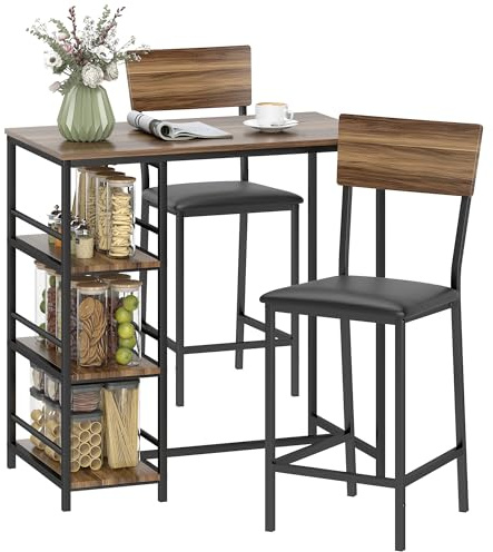HOMCOM Tavolo Bar con 2 Sgabelli con 3 Ripiani, Schienale e Imbottitura Pelle PU, Set Bancone Bar e Sedie Cucina Salvaspazio con Gambe in Acciaio, Industriale, per Cucina Sala da Pranzo, Color Noce