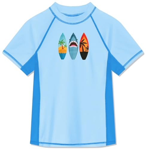 BesserBay Sun Protective Boys Rash Vest Short Sleeves Rash Guard Quick Dry Beach Fishing Kids Swim Top Blue Surfboard 5-6 Years