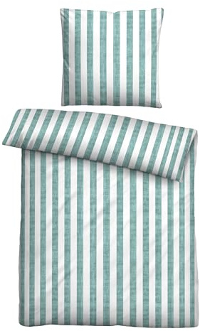 biberna Seersucker Bettwäsche 135x200 cm, 2-teilig mit Kissenbezug 80x80 cm, 100% Baumwolle, kühlend, bügelfrei & atmungsaktiv, Reißverschluss, Sommerbettwäsche, Streifen, grün, Modell 0022644