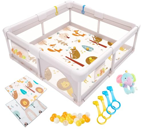 Parque Infantil Bebé 150x150cm, Corralito Acolchado con Esterilla Reversible, Peluche Sonajero Sensorial, Bolas de Colores y Anillas de Sujeción