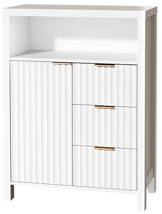 Bonnlo Fluted Bathroom Freestanding Storage Cabinet,1 Door 3 Drawers | Grille Bathroom Floor Cabinet, Bathroom Cabinet,Bathroom Storage Organizer for Bedroom Bathroom,White, 59×29.5×81cm
