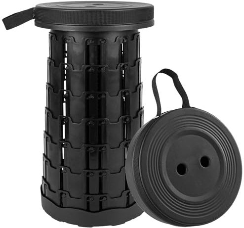 KULALA Bärbar teleskoppall, lätt hopfällbar pall, vikbar, justerbar höjd 8–45 cm, infällbar campingpall för fiske, vandring, camping, trädgårdsarbete och inomhusaktiviteter, svart