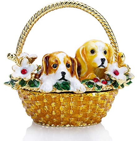 YU FENG Puppy Flower Basket Trinket Boxes Hinged Rhinestones Jeweled Painted Enameled Collectible Dog Animal Figurine Jewelry Holder Box