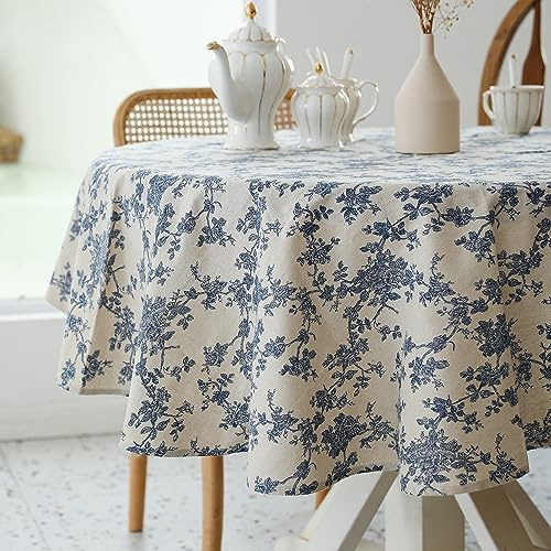 Pastoral rund bordsduk – 152 cm dia. - Bordsduk i linne - tvättbart bordsskydd med dammsäkert skrynkelbeständigt för restaurang, picknick, inomhus- och utomhusmiddag, blommig (mörkblå)