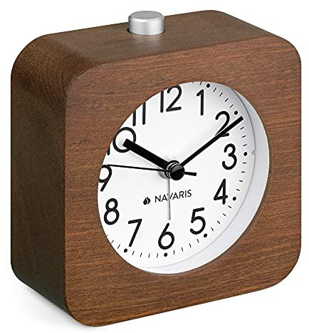 Navaris Analog Holz Wecker mit Snooze - Retro Uhr Viereck Design mit weißem Ziffernblatt Alarm - Leise Tischuhr ohne Ticken - Holzwecker Dunkelbraun