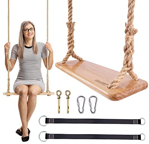 Premkid Hanging Wooden Swing, 24x 8x 1.2 Tree Swing for Adults and Kids with 500lbs Load, Adjustable Hemp Rope Plus Tree Straps 10.54FT, Wood Swing Set Seat for Outdoor and Indoor Use