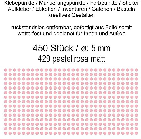 Aufkleber Etiketten Klebepunkte aus Folie 450 Stück rosa pastellrosa matt rund 5 mm selbstklebend farbig wetterfest Decal Markierungen Organisieren DIY basteln verzieren Modellbau Scrapbooking
