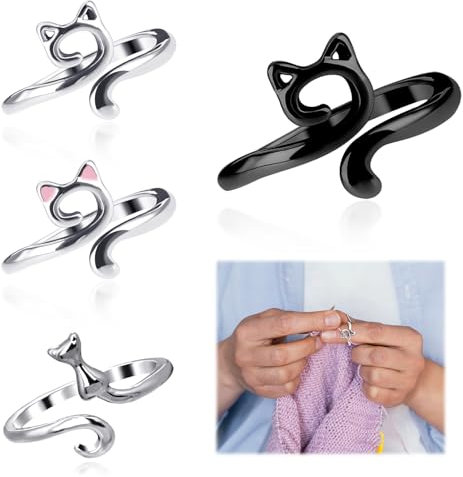 Jeffdad 4 Stück Häkelring für Fingergarn, Verstellbare Metall Häkelring Katzenohren, Häkelringe Finger Strickschlaufe Stricken Häkeln Schleife Ring Offene Garnführung Fingerhalter für Finger(4 Farbe)