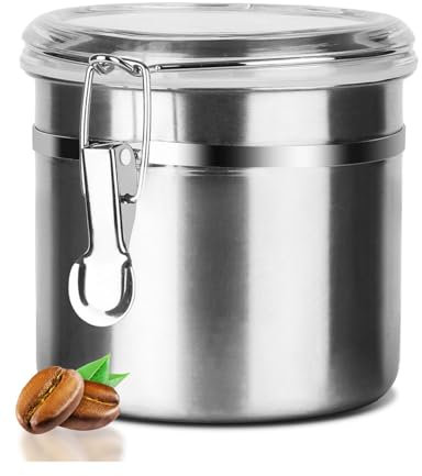 Walktosun Boîte à Café Hermétique, Conservation en Acier Inoxydable pour Grains de Café avec Couvercle Transparent Bocal Récipient Rangement Cuisine Alimentaires Stockage Thé (1PC - 1.2L - Argenté)