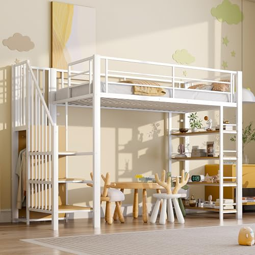 Moimhear Cama alta de 90 x 200 cm con escalera de seguridad, espacio de almacenamiento y armario pequeño, estantes, diseño de valla alta, cama individual, cama juvenil (blanco)