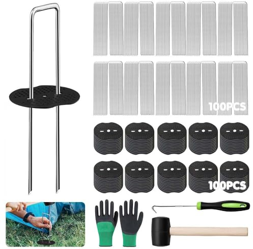 MEISHANG Grapas Malla Antihierbas,100Anclajes de Tierra,100 Arandelas,Estacas para Jardin Galvanizado,piquetas Camping,Uso para Malla Antihierbas,Lonas de Suelo