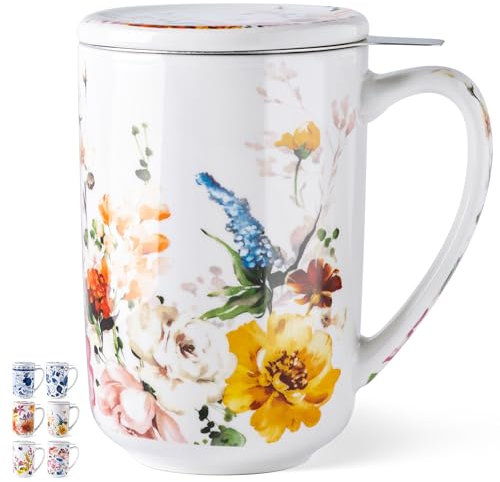 GBHOME Tekopp, sil och lock, 530 ml keramisk tekopp löst te, MW&diskmaskinssäker, perfekt för teälskare, fjärilsblomma