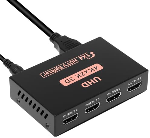 HDMI Splitter, 1 in 4 out 4K@30HZ HDMI Adapter for 4 Monitors, 4 Way Box Hub UHD Synchronous Audio Video Transmission with Power Cable for HDTV, Projector, PC, Laptop, PS3, DVD, Projector