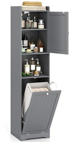 COSTWAY Armoire de Salle de Bain 170 CM, Colonne de Linge Solide & Étroite avec Rangement, Étagère Ajustable, Sac à Linge avec Poignées Longues & Courtes, Armoire Autonome pour Buanderie (Gris)