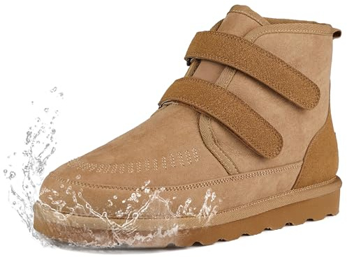 CENNID Women's Snow Boots Genuine Suede Leather Winter Mini Boots Ankle Orthopedic Booties with Hook and Loop Warm Faux Fur Lining, Chestunt 8.5
