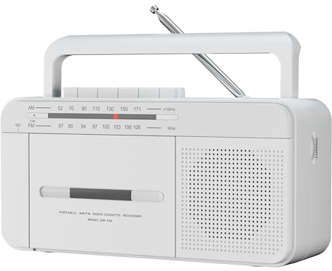 SEMIER Portable Cassette Player Recorder Boombox with AM/FM Radio, AC or Battery Powered Portable Vintage Casette Tape Player with Loud Speaker and Earphone Jack for Home or Outdoor White