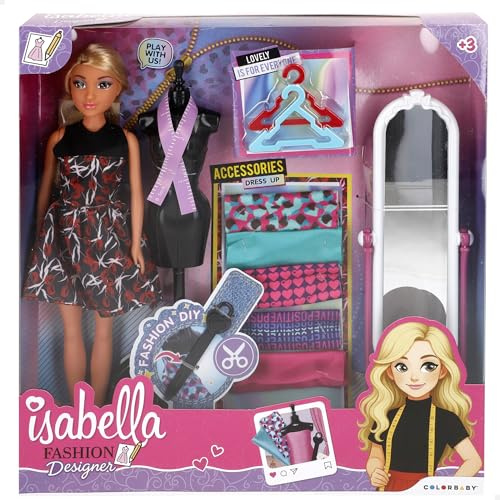 ColorBaby Isabella Muñeca articulada 30 cm, Incluye Accesorios, Espejo, Maniquí, Perchas, Telas, Juego de Costura para niños, Juegos de diseño de Moda, Juguetes niños 3 años (39414)