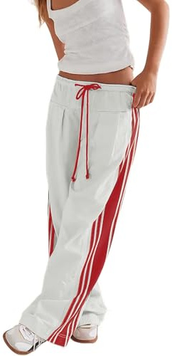 EAKUCH Track Pants Women Wide Leg Striped Palazzo Pants High Waisted Drawstring Side Stripe Lounge Pants with Pockets Beige