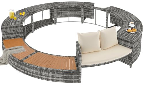 muenfly Salon de jardin avec canapé rond - Meubles en rotin synthétique pour jacuzzi et piscine - Avec coussins, espace de rangement, pieds réglables - Parfait pour la terrasse, le jardin et